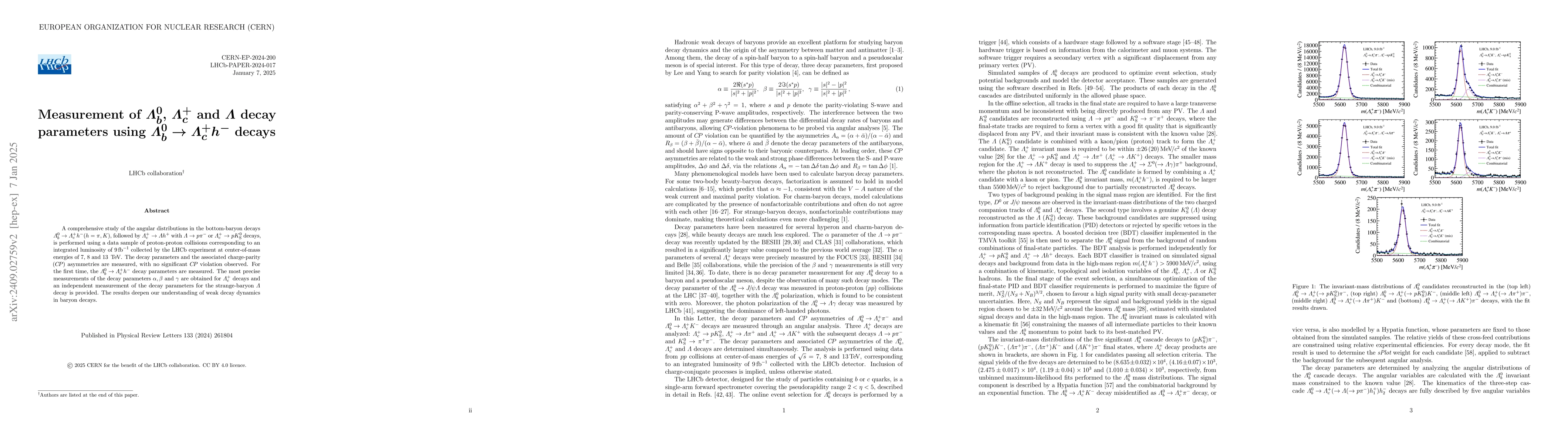 Thumbnail for Measurement of $\itΛ_\it{b}^0$, $\itΛ_\it{c}^+$ and
  $\itΛ$ decay parameters using $\itΛ_\it{b}^0 \to
  \itΛ_\it{c}^+ h^-$ decays