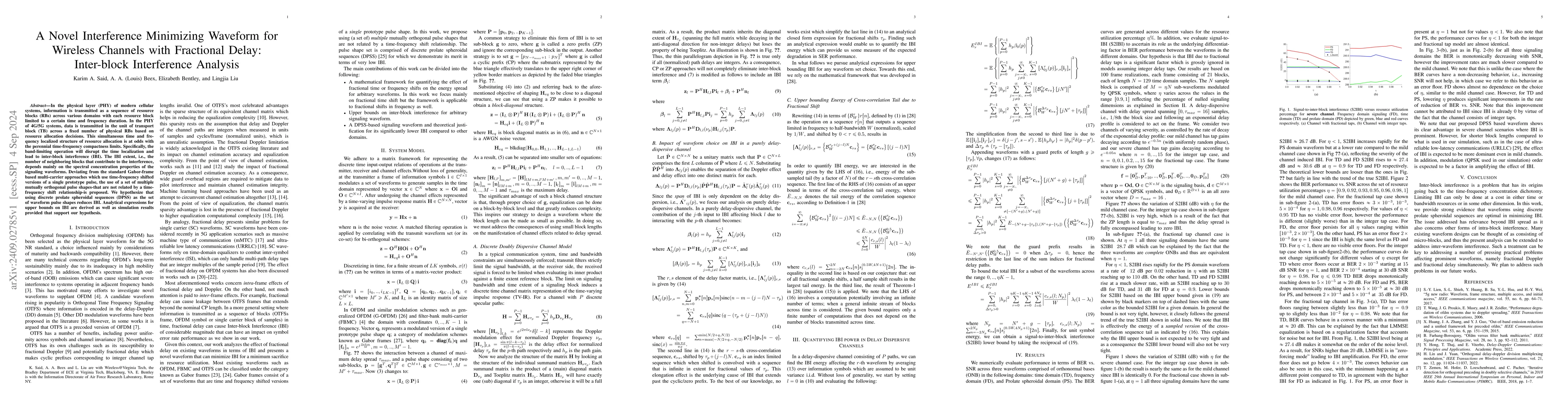 Thumbnail for A Novel Interference Minimizing Waveform for Wireless Channels with
  Fractional Delay: Inter-block Interference Analysis