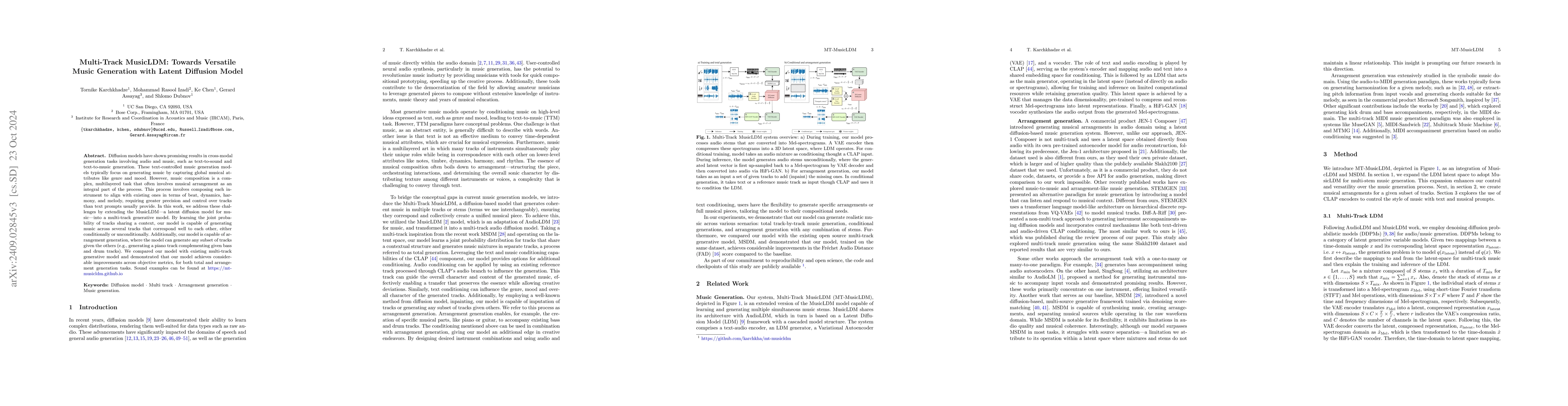 Thumbnail for Multi-Track MusicLDM: Towards Versatile Music Generation with Latent
  Diffusion Model