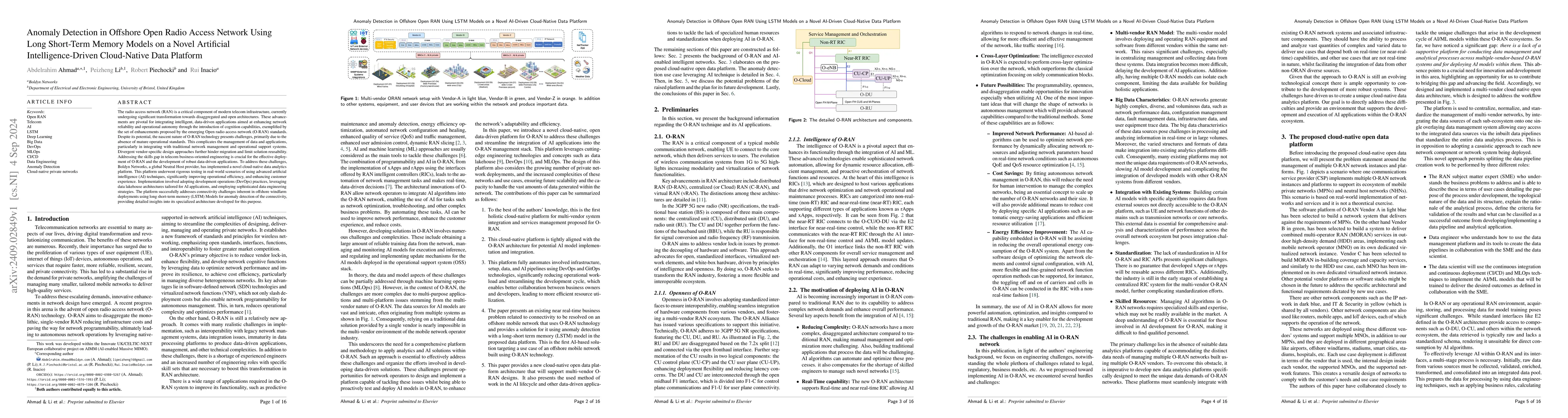 Thumbnail for Anomaly Detection in Offshore Open Radio Access Network Using Long
  Short-Term Memory Models on a Novel Artificial Intelligence-Driven
  Cloud-Native Data Platform
