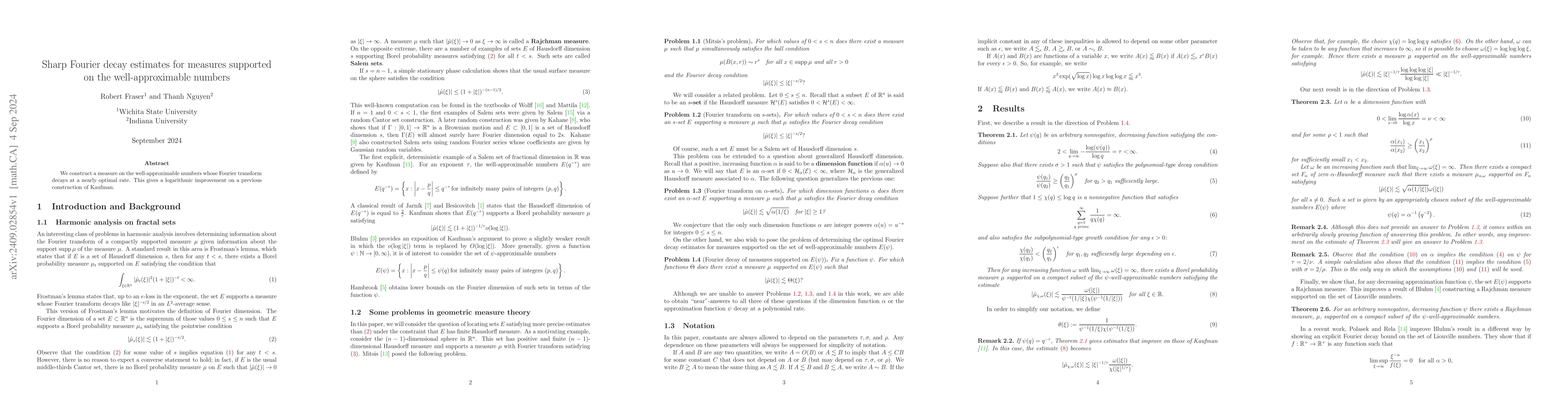 Thumbnail for Sharp Fourier decay estimates for measures supported on the
  well-approximable numbers