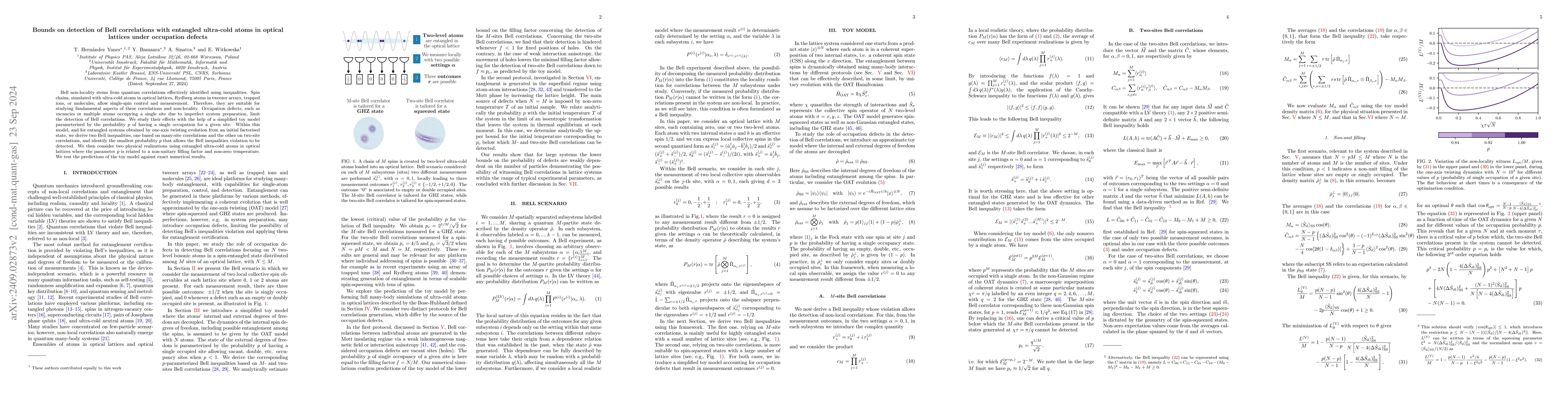 Thumbnail for Bounds on detection of Bell correlations with entangled ultra-cold atoms
  in optical lattices under occupation defects
