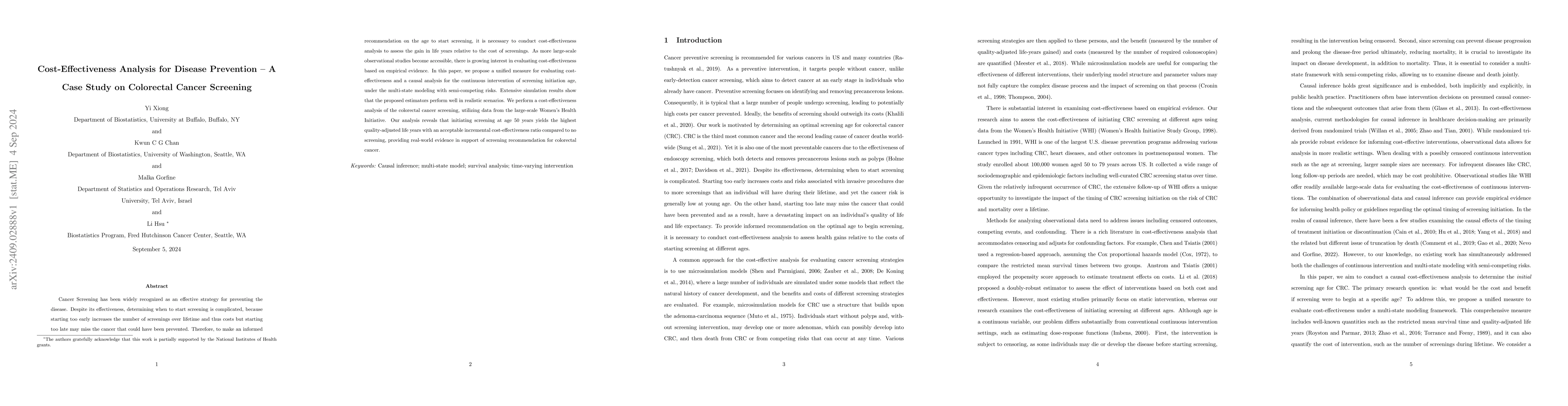 Thumbnail for Cost-Effectiveness Analysis for Disease Prevention -- A Case Study on
  Colorectal Cancer Screening