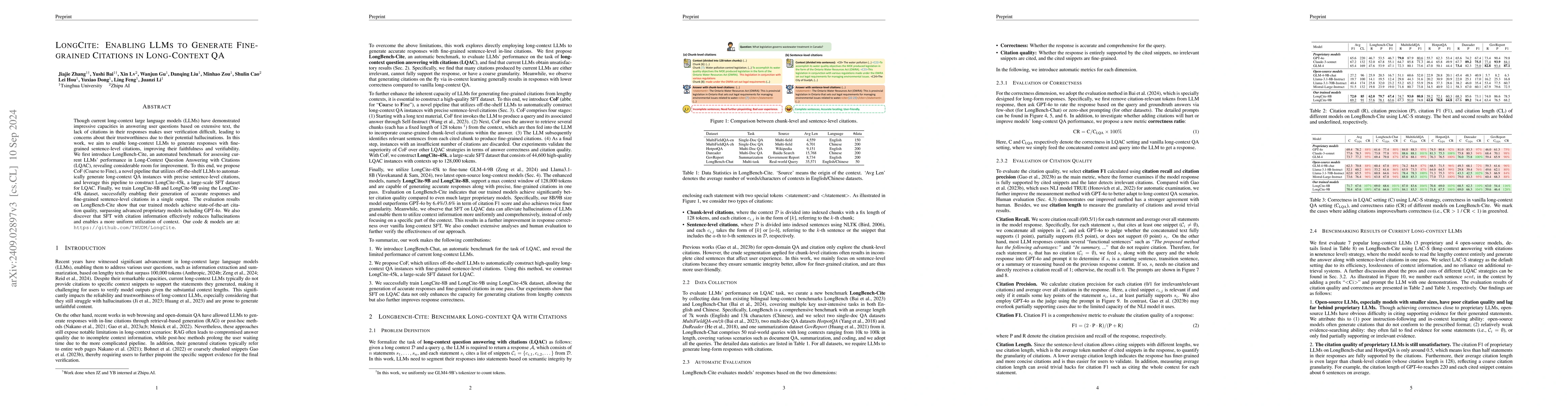 Thumbnail for LongCite: Enabling LLMs to Generate Fine-grained Citations in
  Long-context QA