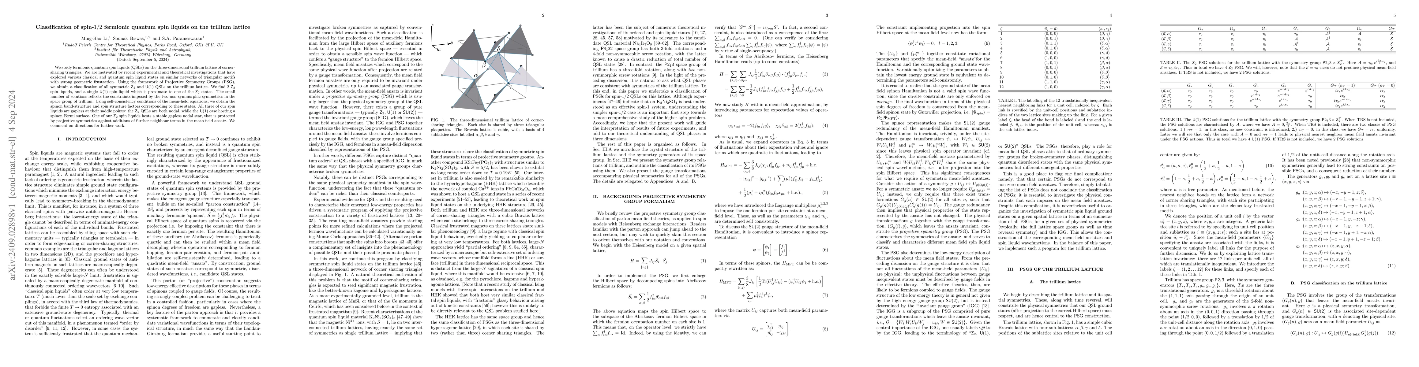 Thumbnail for Classification of spin-$1/2$ fermionic quantum spin liquids on the
  trillium lattice