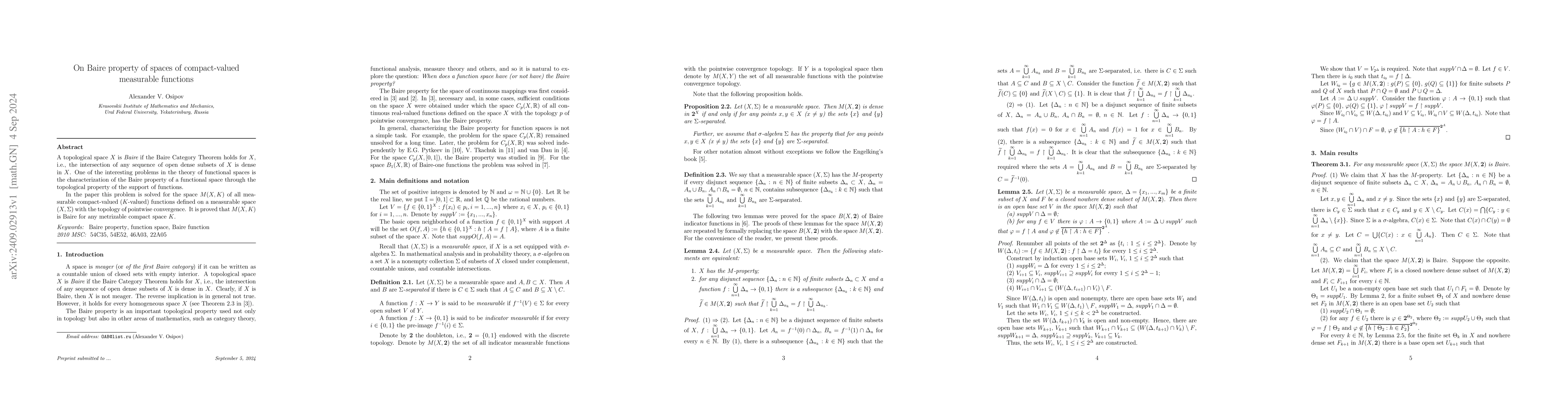 Thumbnail for On Baire property of spaces of compact-valued measurable functions