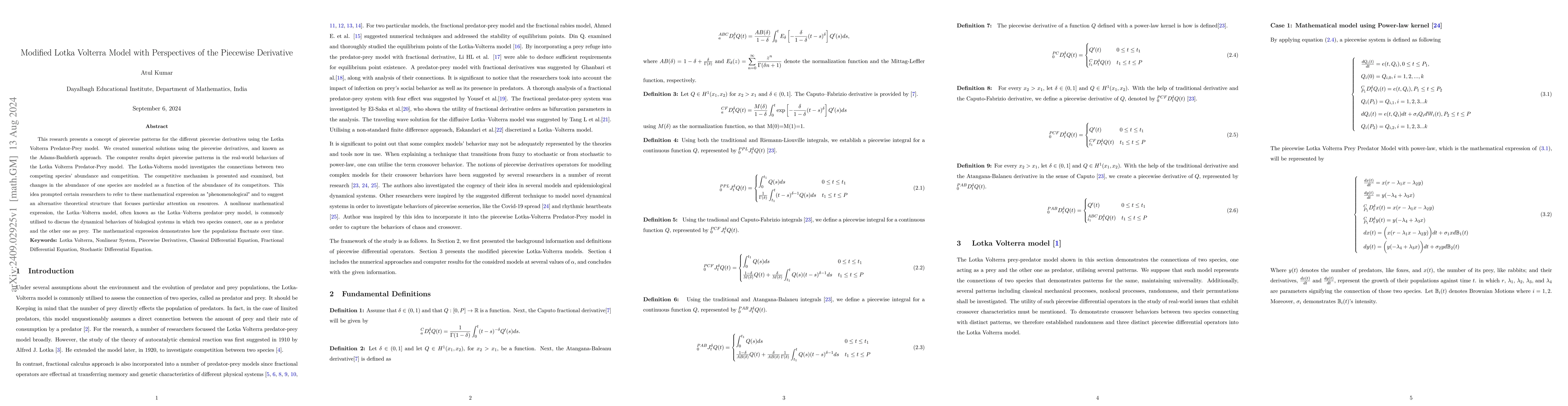 Thumbnail for Modified Lotka Volterra Model with Perspectives of the Piecewise
  Derivative