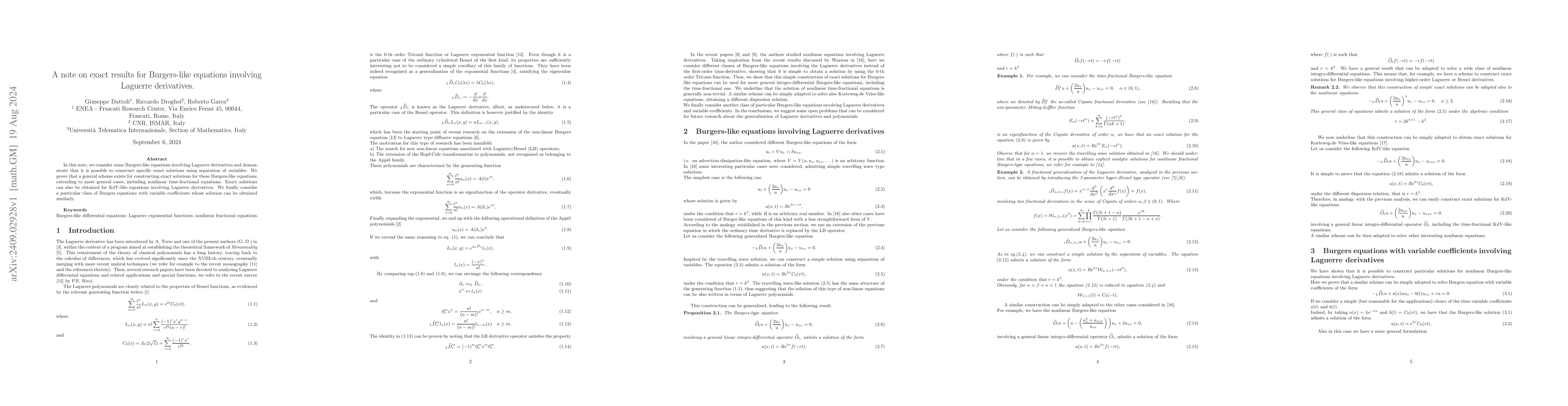 Thumbnail for A note on exact results for Burgers-like equations involving Laguerre
  derivatives