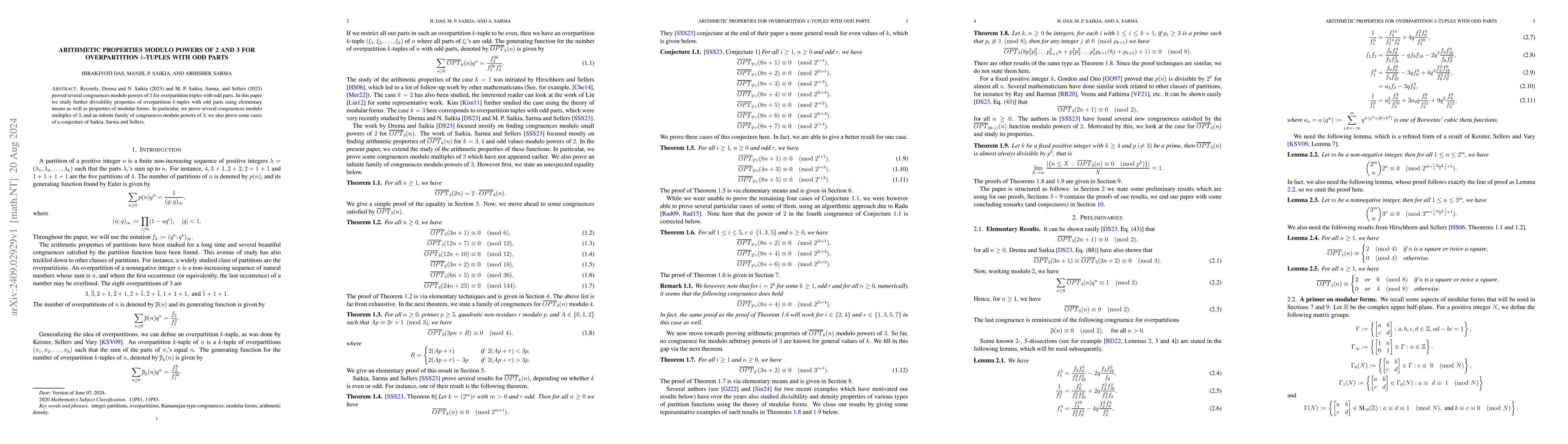 Thumbnail for Arithmetic Properties modulo powers of $2$ and $3$ for Overpartition
  $k$-Tuples with Odd Parts