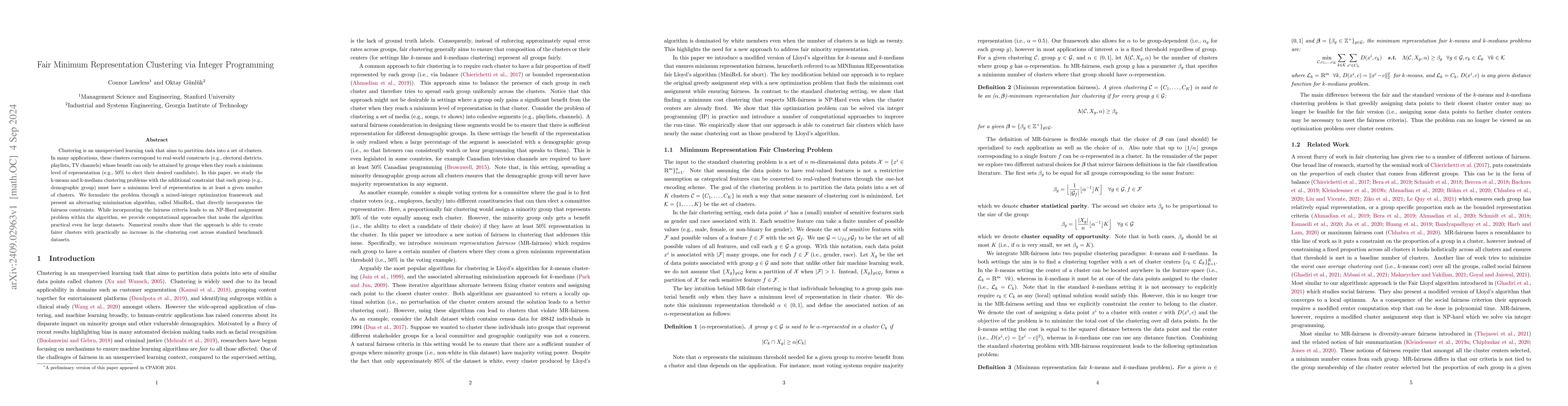 Thumbnail for Fair Minimum Representation Clustering via Integer Programming