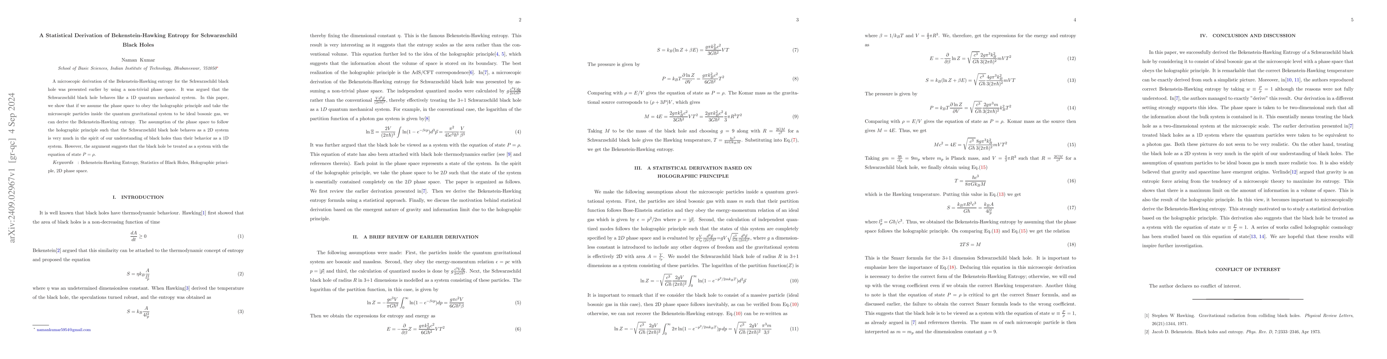 Thumbnail for A Statistical Derivation of Bekenstein-Hawking Entropy for Schwarzschild
  Black Holes