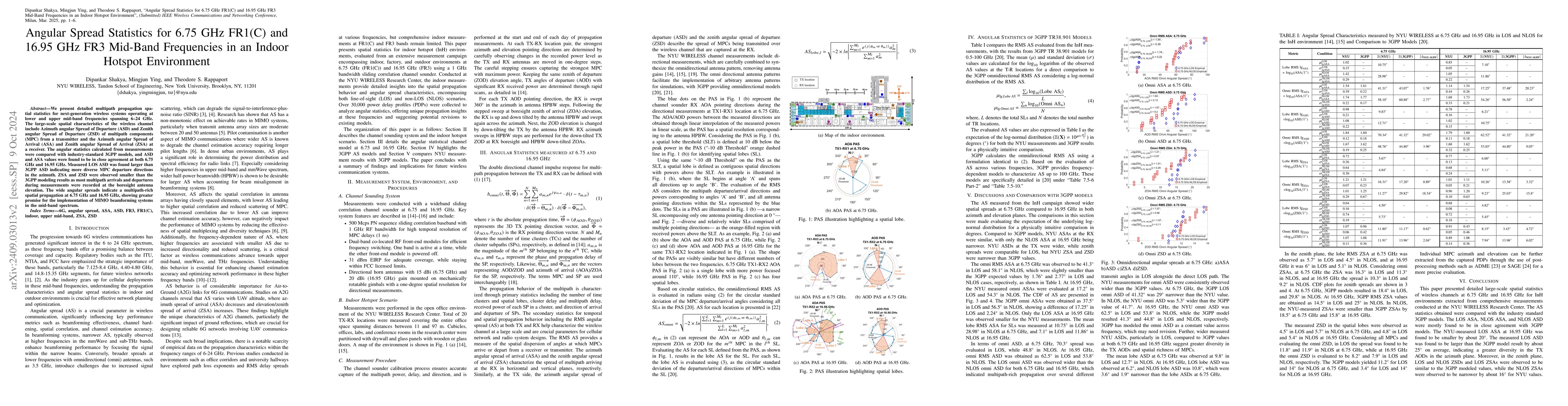 Thumbnail for Angular Spread Statistics for 6.75 GHz FR1(C) and 16.95 GHz FR3 Mid-Band
  Frequencies in an Indoor Hotspot Environment