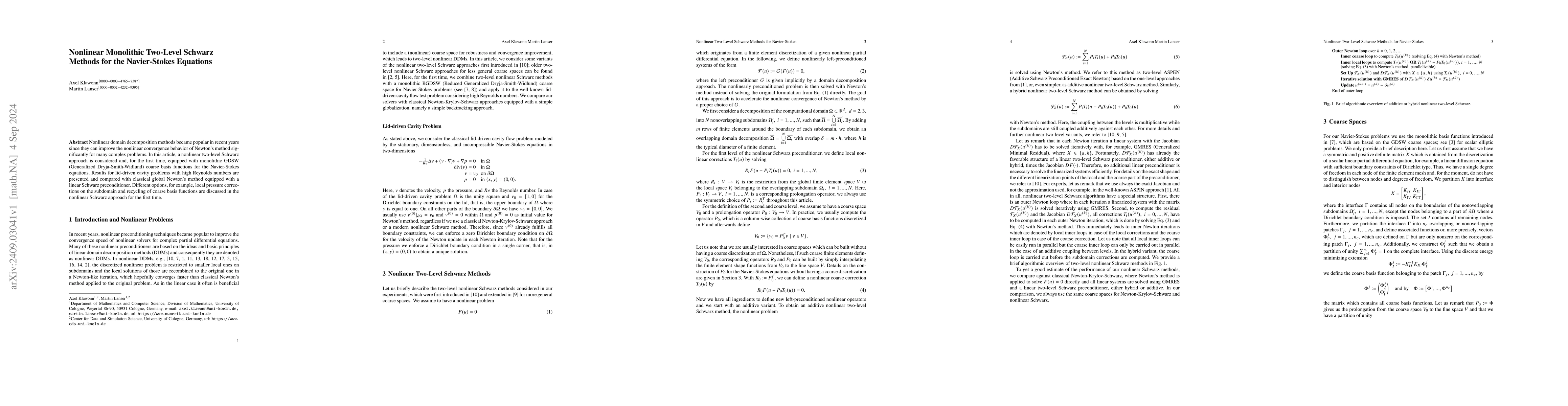 Thumbnail for Nonlinear Monolithic Two-Level Schwarz Methods for the Navier-Stokes
  Equations