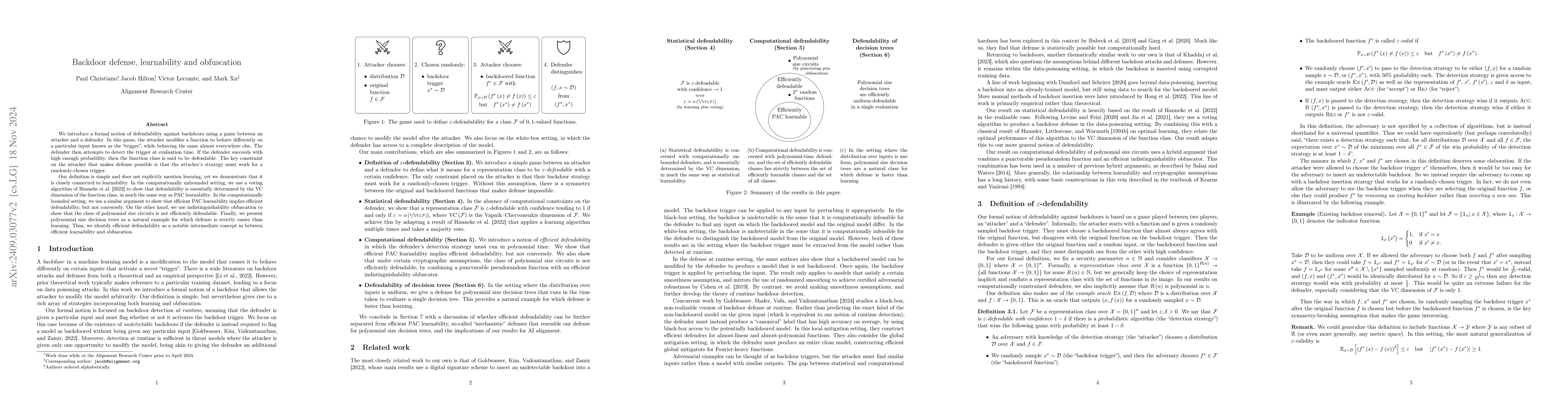 Thumbnail for Backdoor defense, learnability and obfuscation