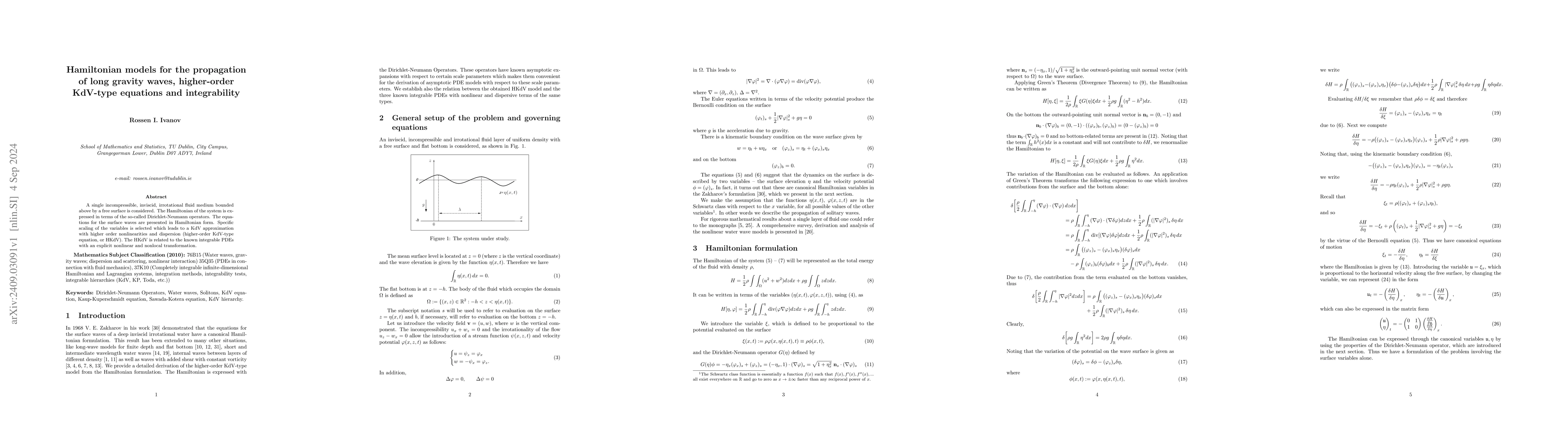 Thumbnail for Hamiltonian models for the propagation of long gravity waves,
  higher-order KdV-type equations and integrability