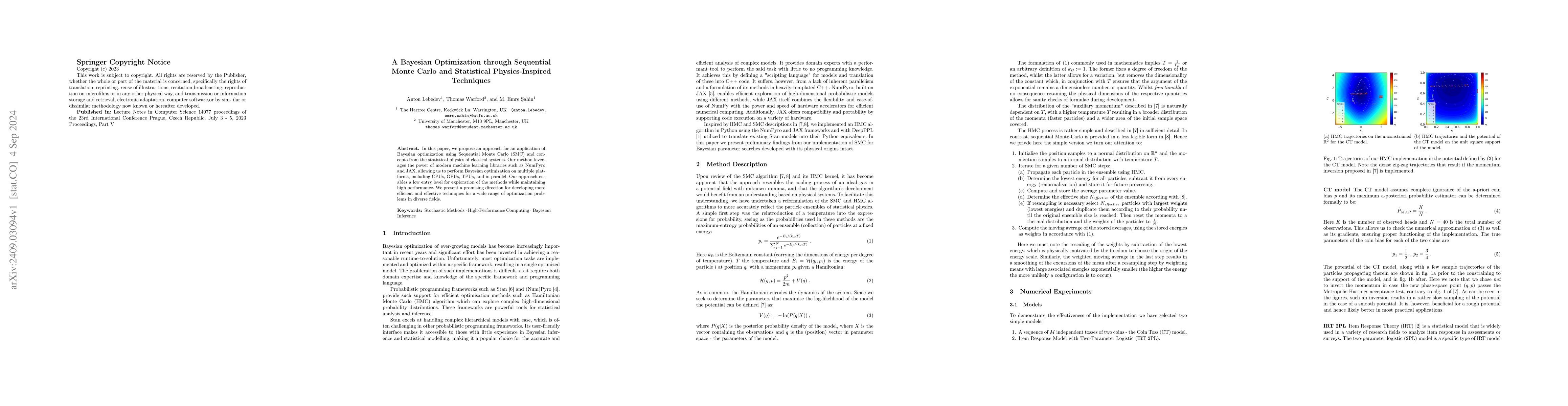 Thumbnail for A Bayesian Optimization through Sequential Monte Carlo and Statistical
  Physics-Inspired Techniques