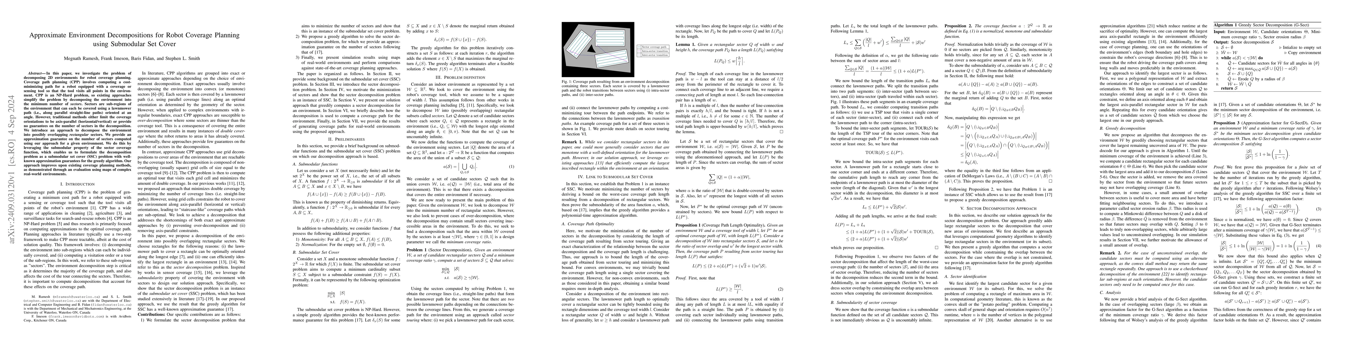Thumbnail for Approximate Environment Decompositions for Robot Coverage Planning using
  Submodular Set Cover