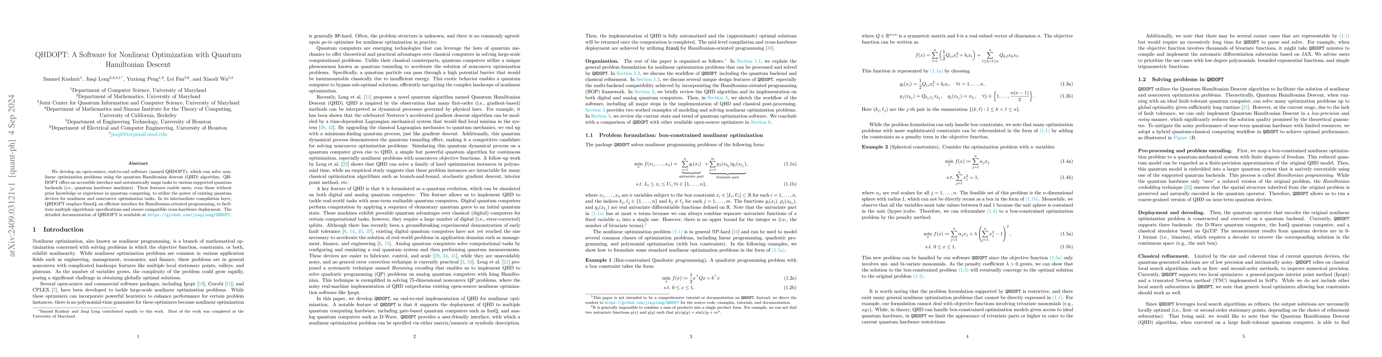Thumbnail for QHDOPT: A Software for Nonlinear Optimization with Quantum Hamiltonian
  Descent