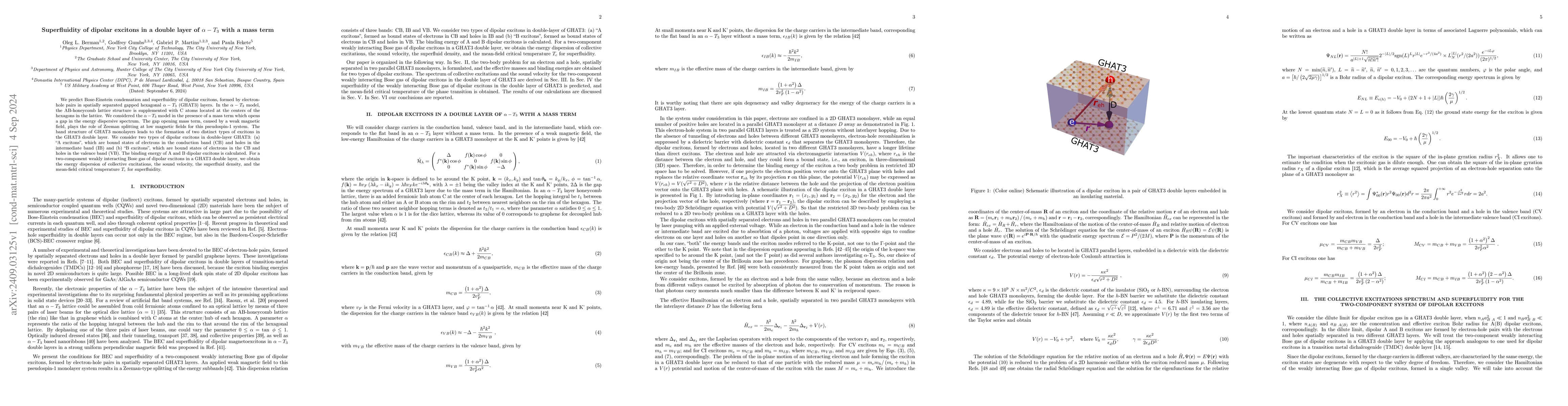 Thumbnail for Superfluidity of dipolar excitons in a double layer of $α-T_3$ with
  a mass term