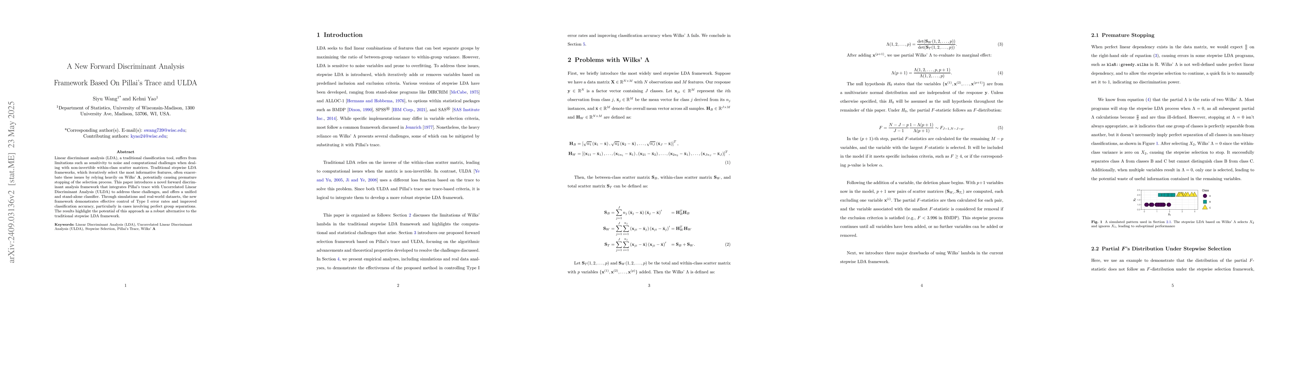 Thumbnail for A New Forward Discriminant Analysis Framework Based On Pillai's Trace
  and ULDA