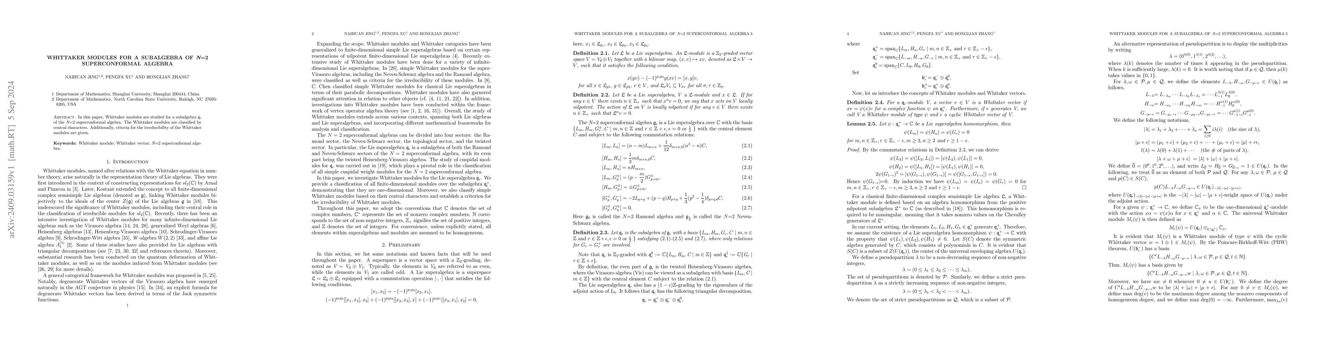 Thumbnail for Whittaker modules for a subalgebra of N=2 superconformal algebra