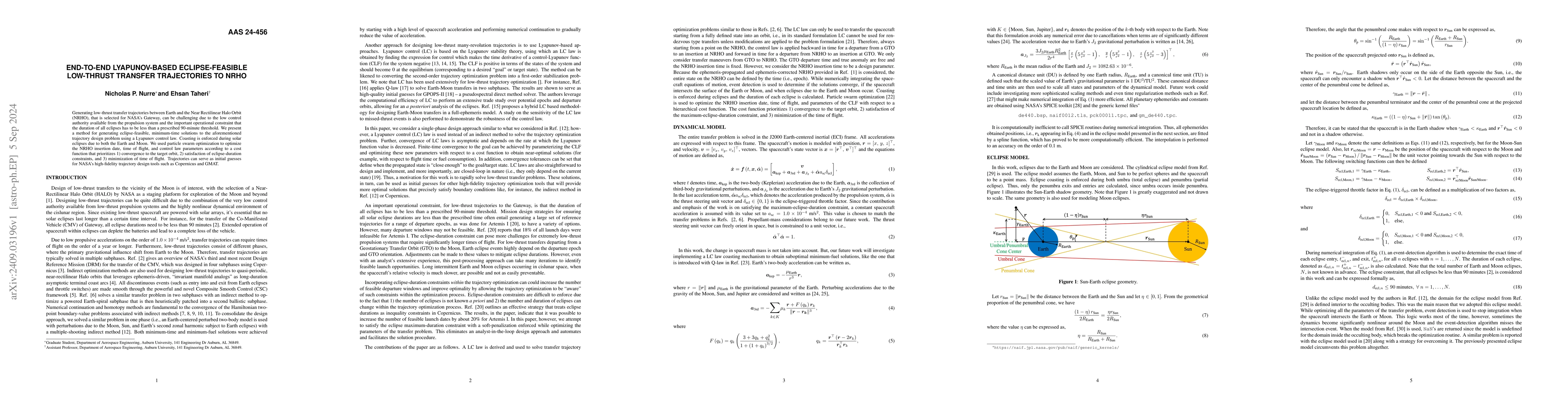 Thumbnail for End-to-End Lyapunov-Based Eclipse-Feasible Low-Thrust Transfer
  Trajectories to NRHO