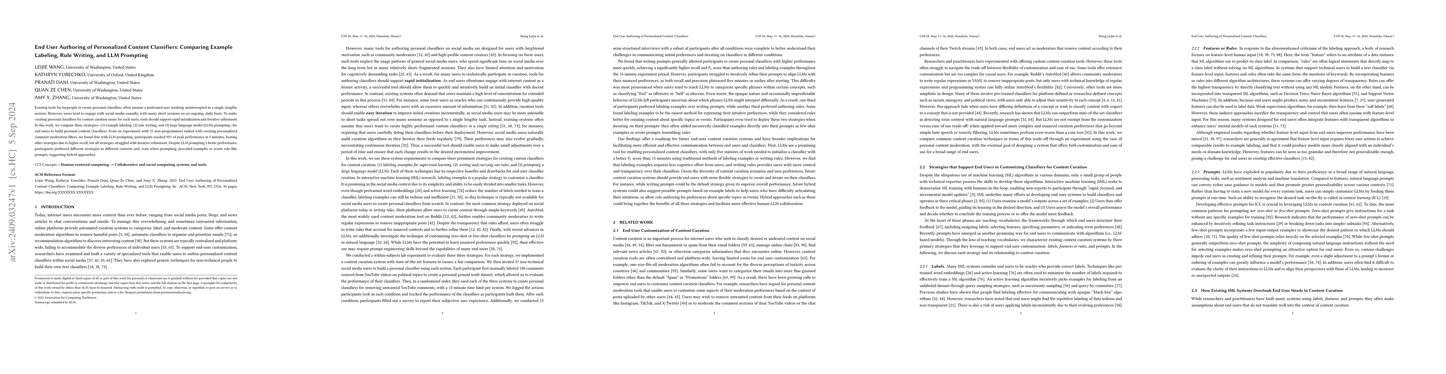Thumbnail for End User Authoring of Personalized Content Classifiers: Comparing
  Example Labeling, Rule Writing, and LLM Prompting