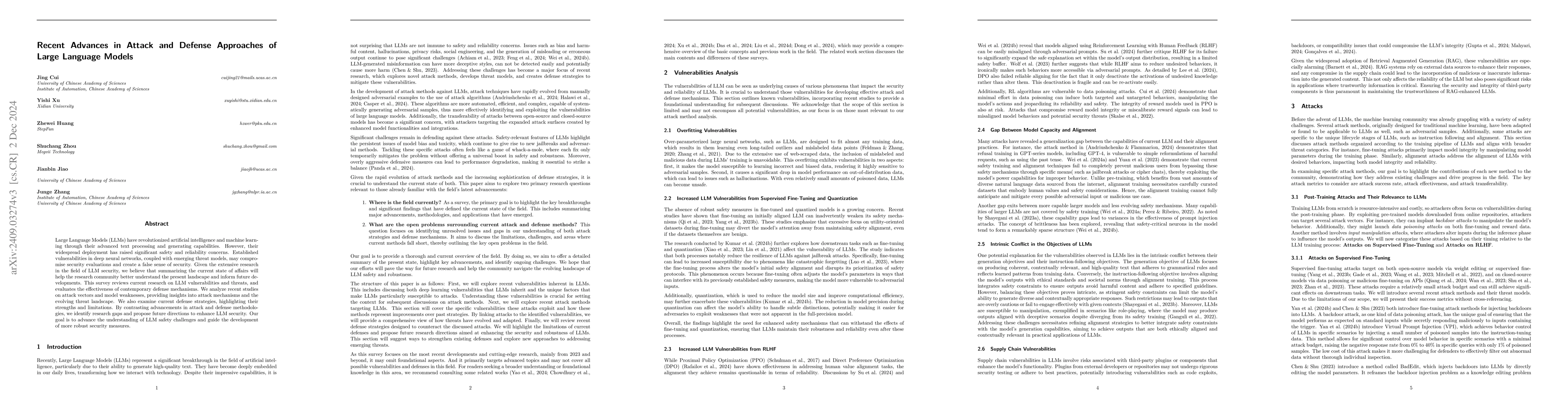 Thumbnail for Recent Advances in Attack and Defense Approaches of Large Language
  Models