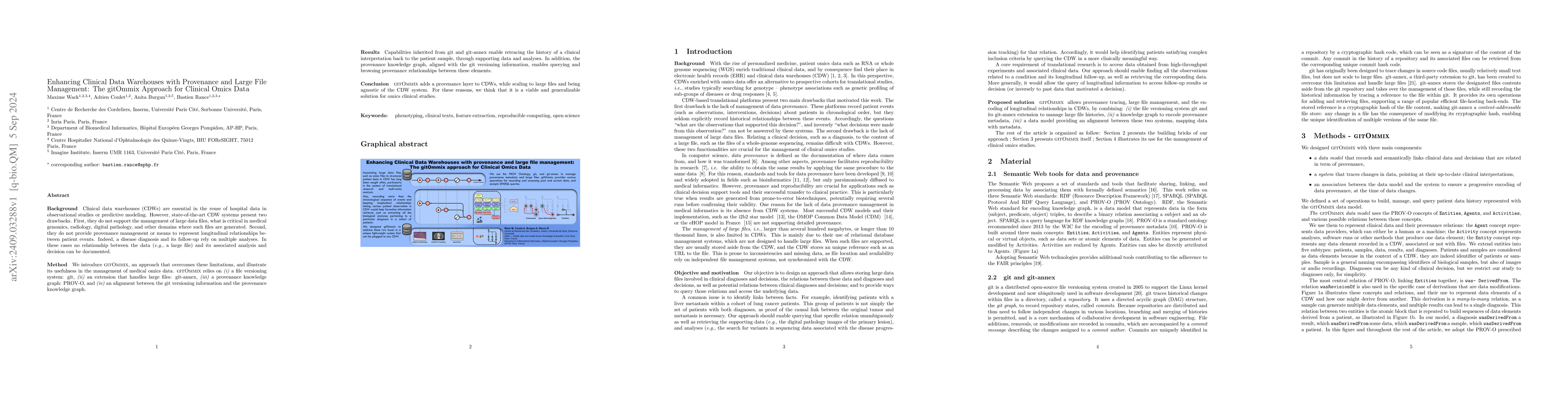 Thumbnail for Enhancing Clinical Data Warehouses with Provenance and Large File
  Management: The gitOmmix Approach for Clinical Omics Data