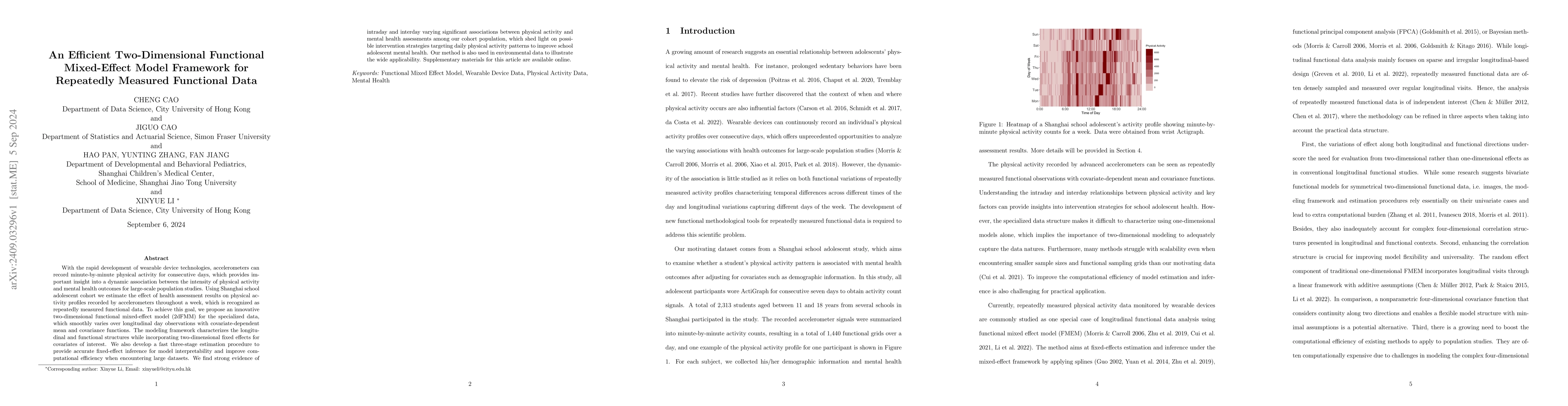 Thumbnail for An Efficient Two-Dimensional Functional Mixed-Effect Model Framework for
  Repeatedly Measured Functional Data