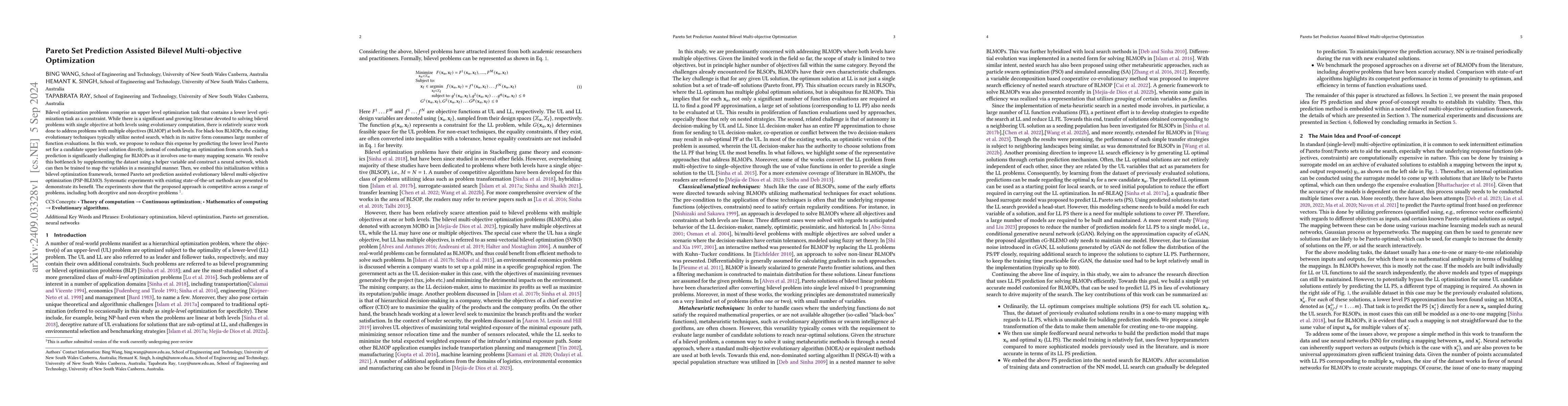 Thumbnail for Pareto Set Prediction Assisted Bilevel Multi-objective Optimization