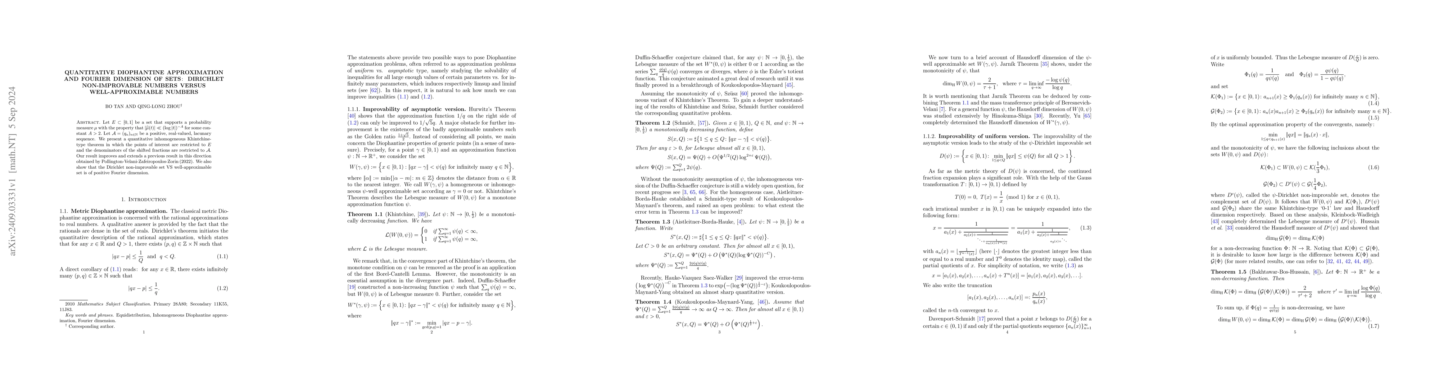 Thumbnail for Quantitative Diophantine approximation and Fourier dimension of sets:
  Dirichlet non-improvable numbers versus well-approximable numbers