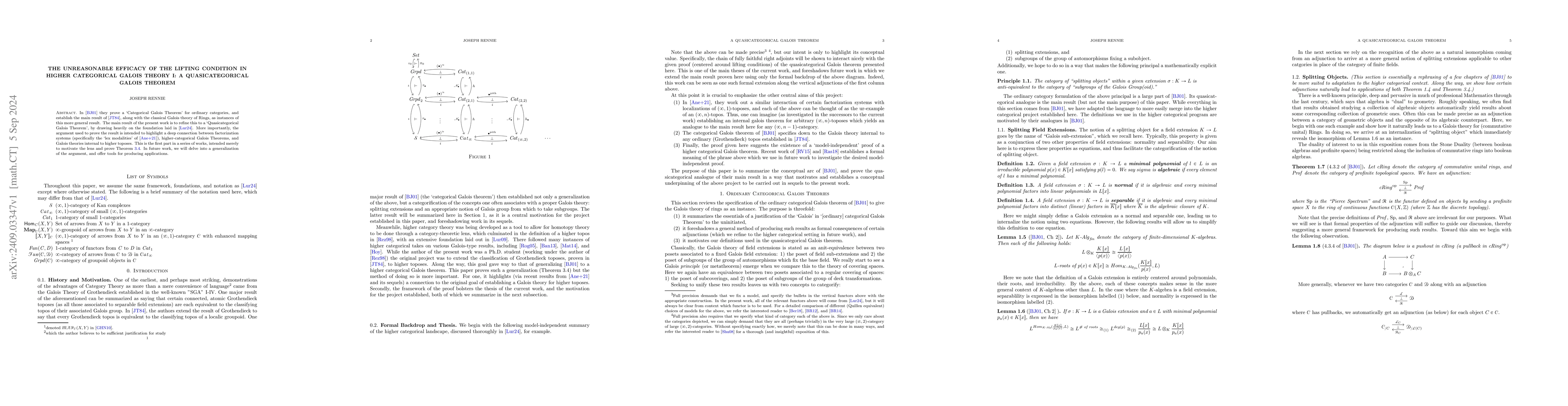 Thumbnail for The Unreasonable Efficacy of the Lifting Condition in Higher Categorical
  Galois Theory I: a Quasi-categorical Galois Theorem