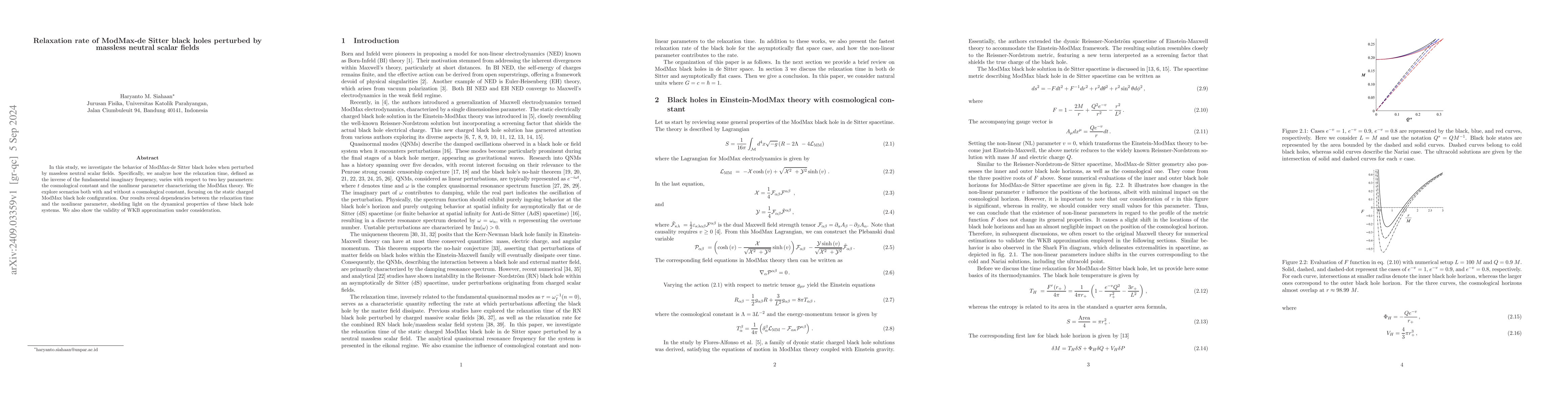 Thumbnail for Relaxation rate of ModMax-de Sitter black holes perturbed by massless
  neutral scalar fields