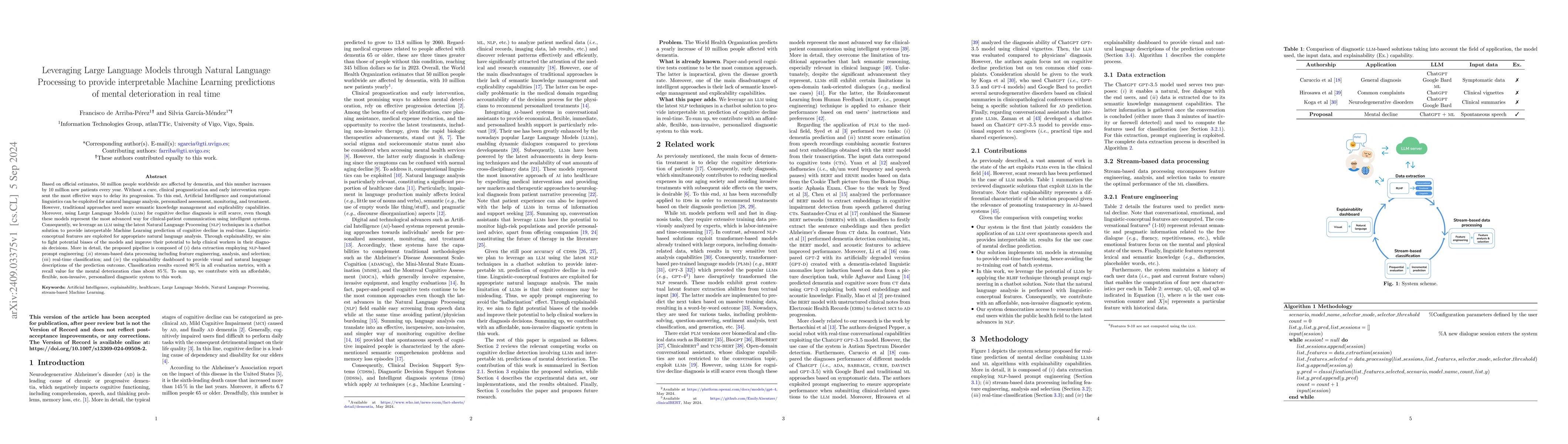 Thumbnail for Leveraging Large Language Models through Natural Language Processing to
  provide interpretable Machine Learning predictions of mental deterioration in
  real time