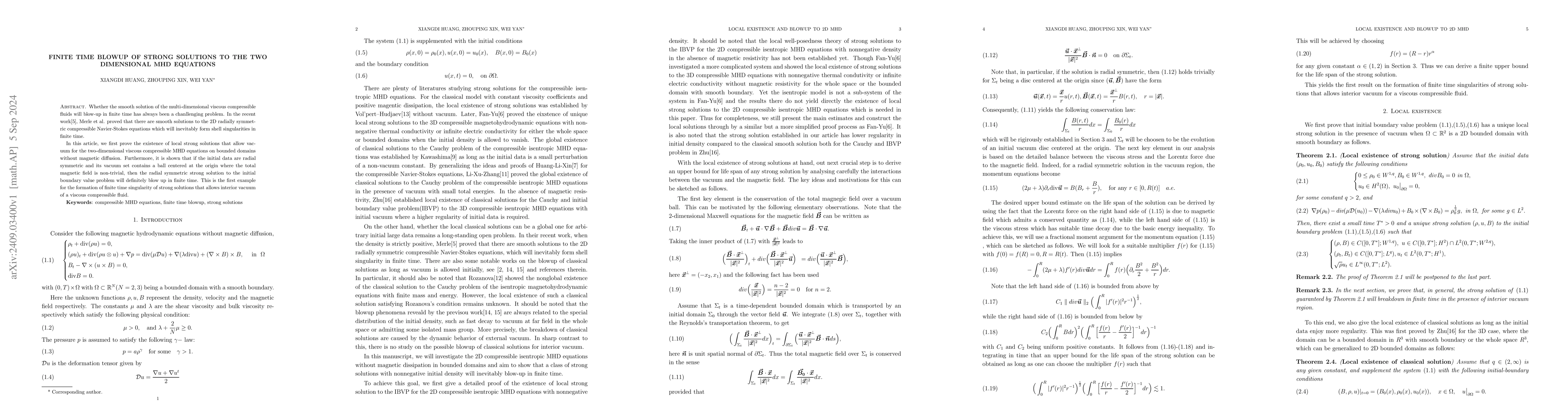 Thumbnail for Finite time blowup of strong solutions to the two dimensional MHD
  equations