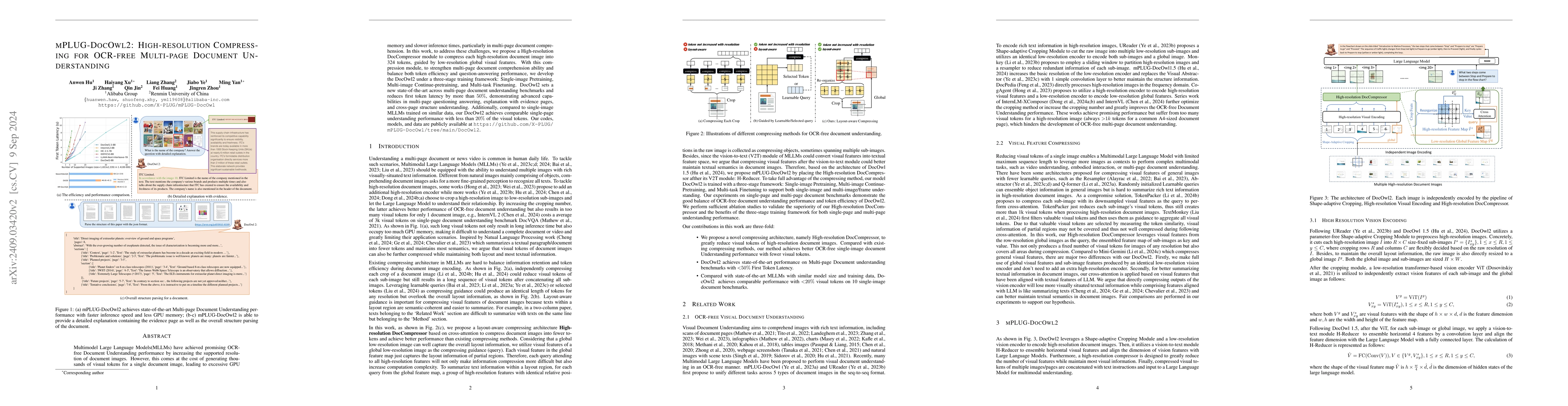 Thumbnail for mPLUG-DocOwl2: High-resolution Compressing for OCR-free Multi-page
  Document Understanding