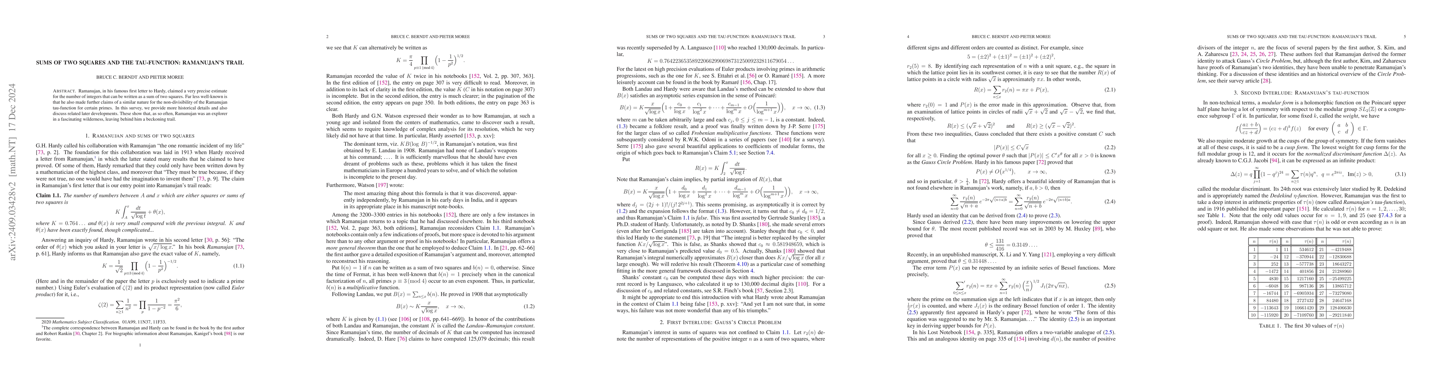 Thumbnail for Sums of two squares and the tau-function: Ramanujan's trail