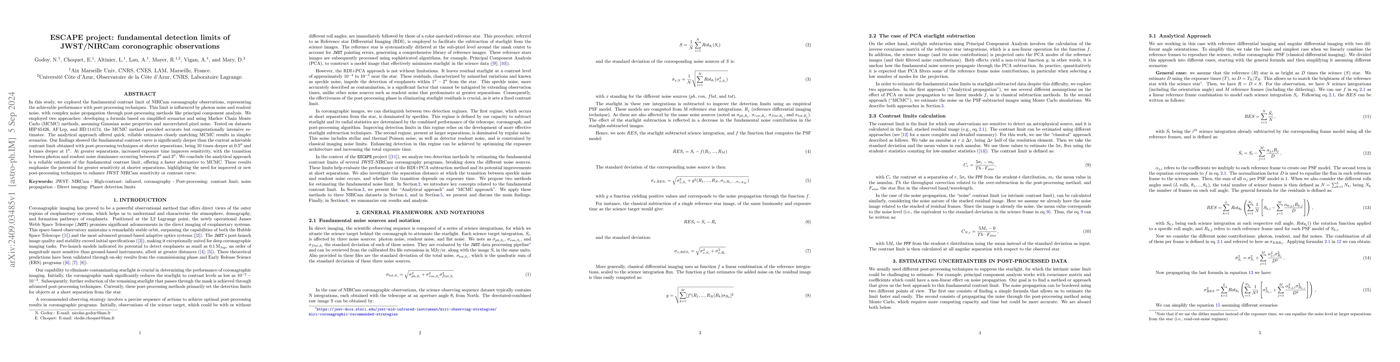 Thumbnail for ESCAPE project: fundamental detection limits of JWST/NIRCam
  coronographic observations