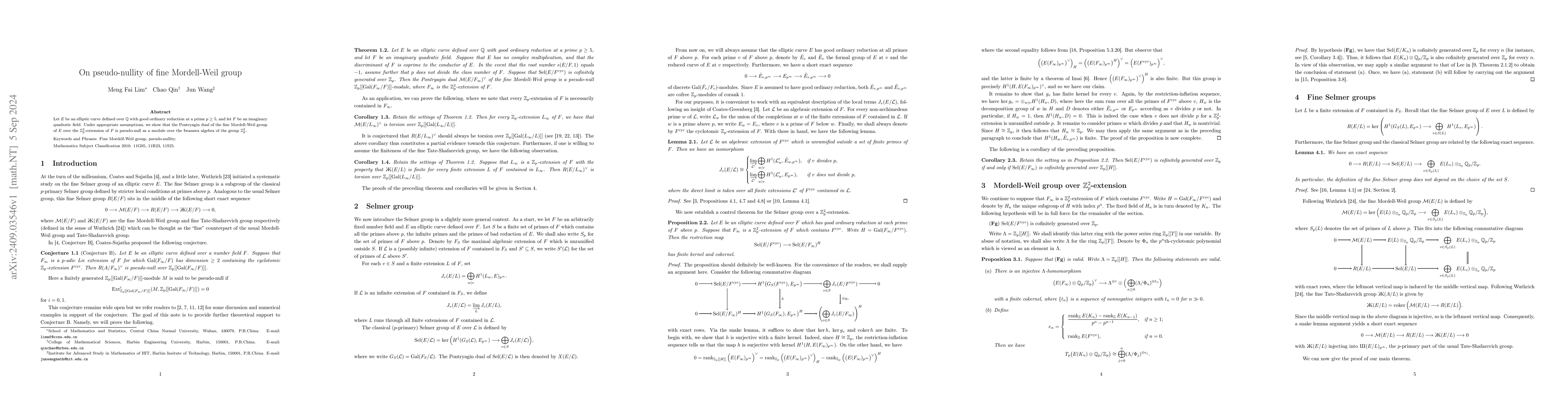 Thumbnail for On pseudo-nullity of fine Mordell-Weil group
