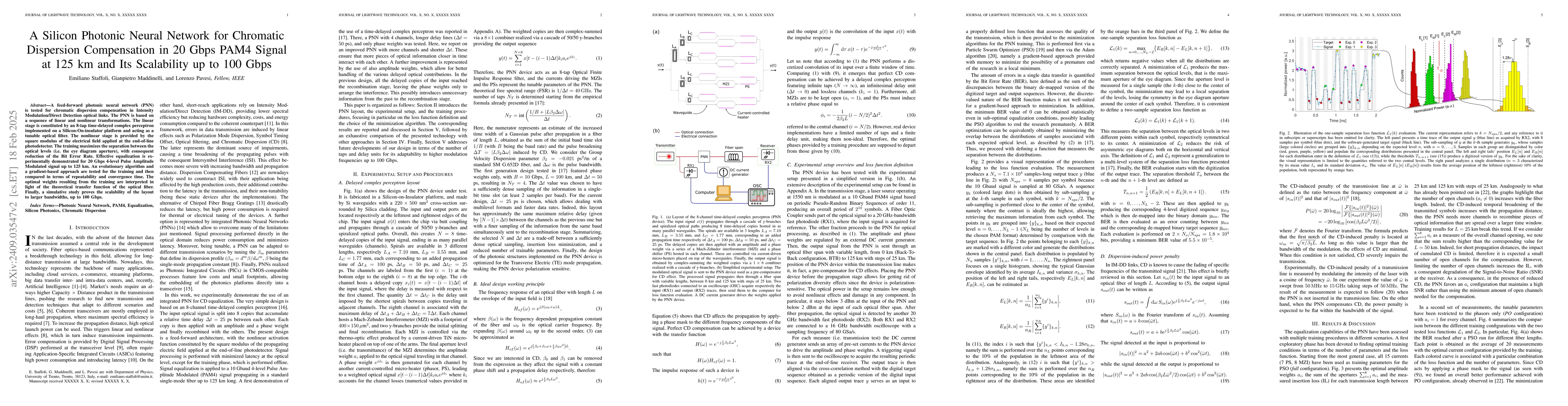 Thumbnail for A Silicon Photonic Neural Network for Chromatic Dispersion Compensation
  in 20 Gbps PAM4 Signal at 125 km and Its Scalability up to 100 Gbps