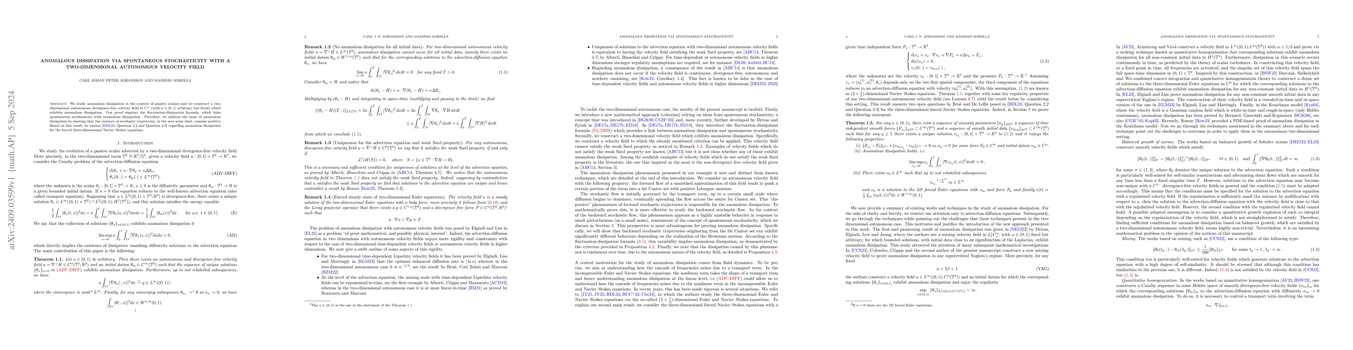 Thumbnail for Anomalous dissipation via spontaneous stochasticity with a
  two-dimensional autonomous velocity field