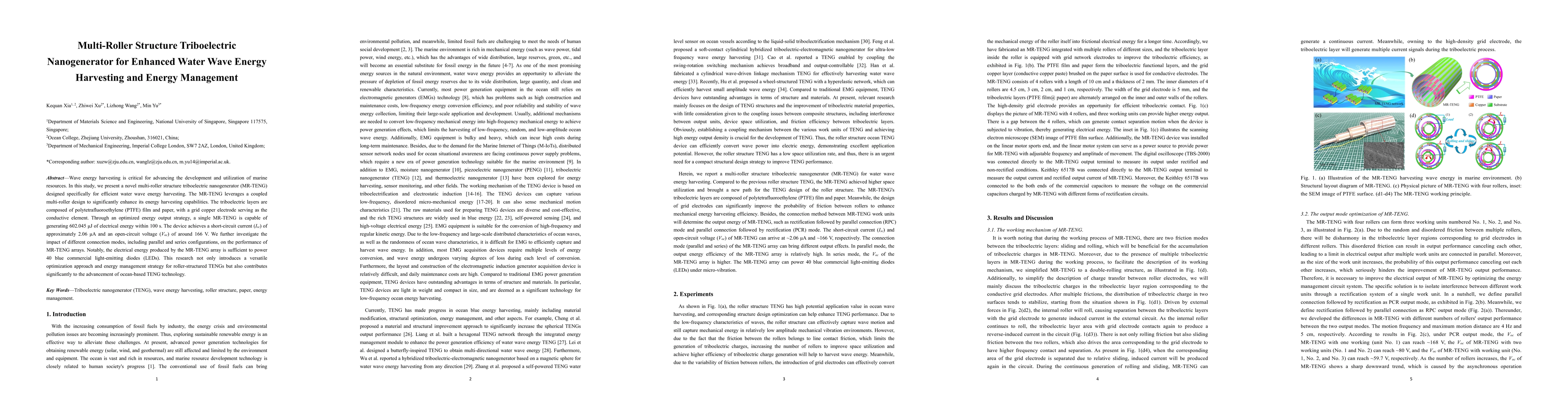 Thumbnail for Multi-Roller Structure Triboelectric Nanogenerator for Enhanced Water
  Wave Energy Harvesting and Energy Management