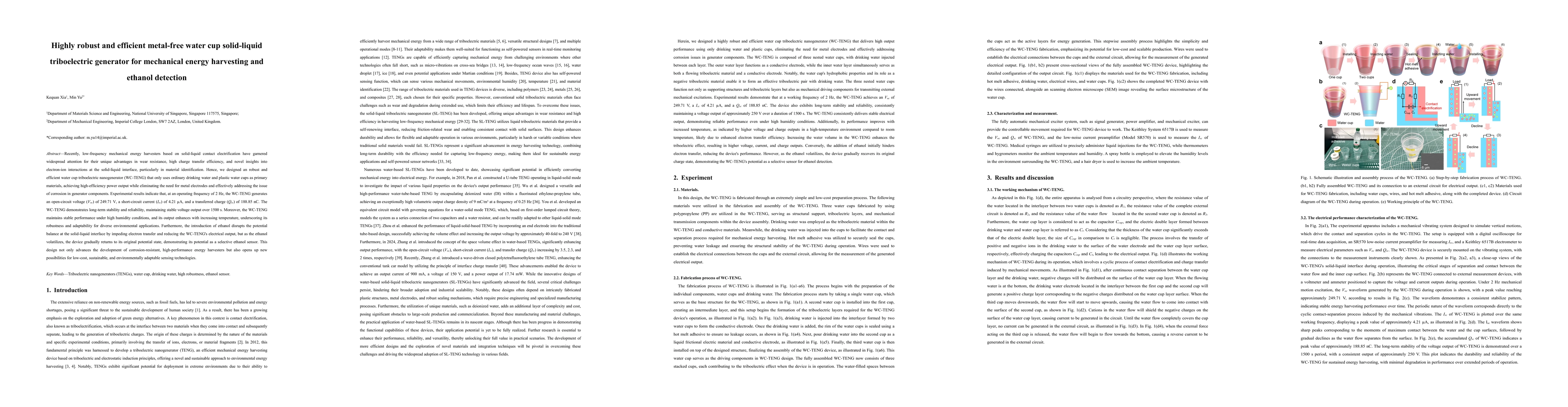 Thumbnail for Highly robust and efficient metal-free water cup solid-liquid
  triboelectric generator for mechanical energy harvesting and ethanol
  detection
