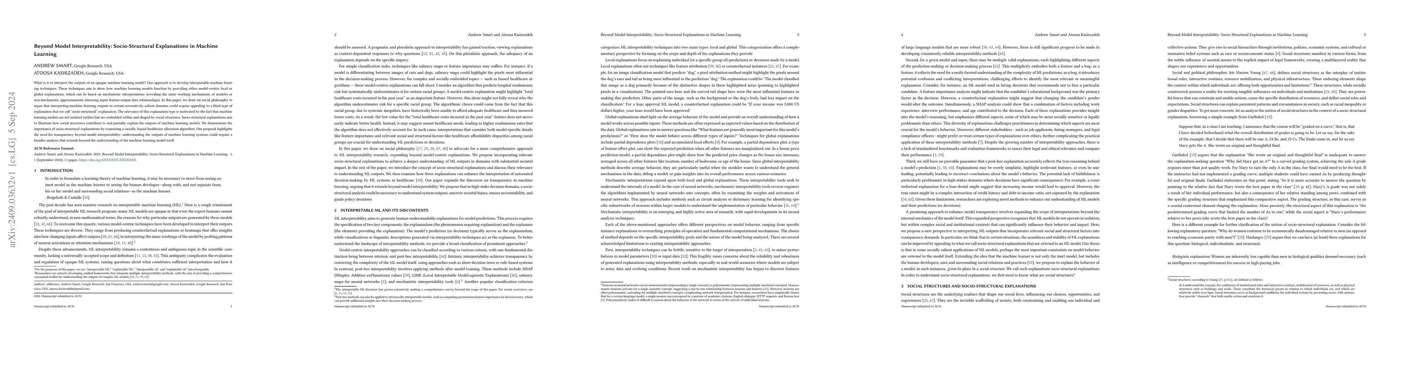 Thumbnail for Beyond Model Interpretability: Socio-Structural Explanations in Machine
  Learning