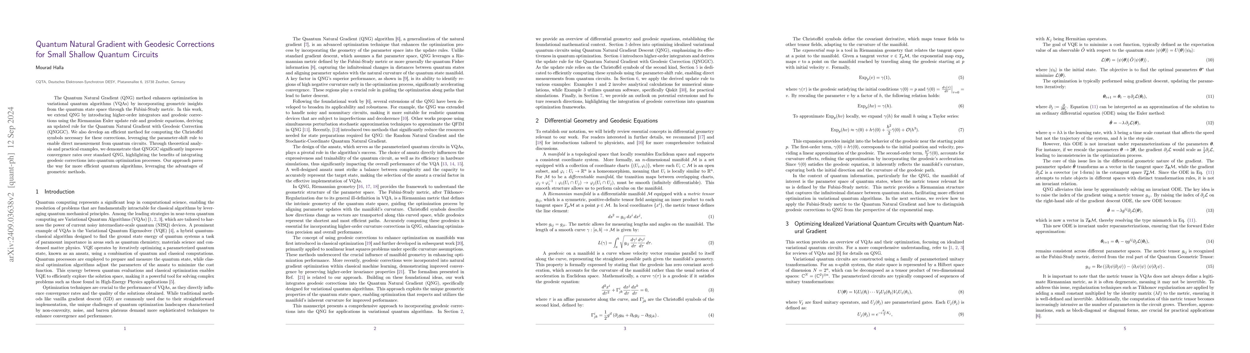 Thumbnail for Quantum Natural Gradient with Geodesic Corrections for Small Shallow
  Quantum Circuits
