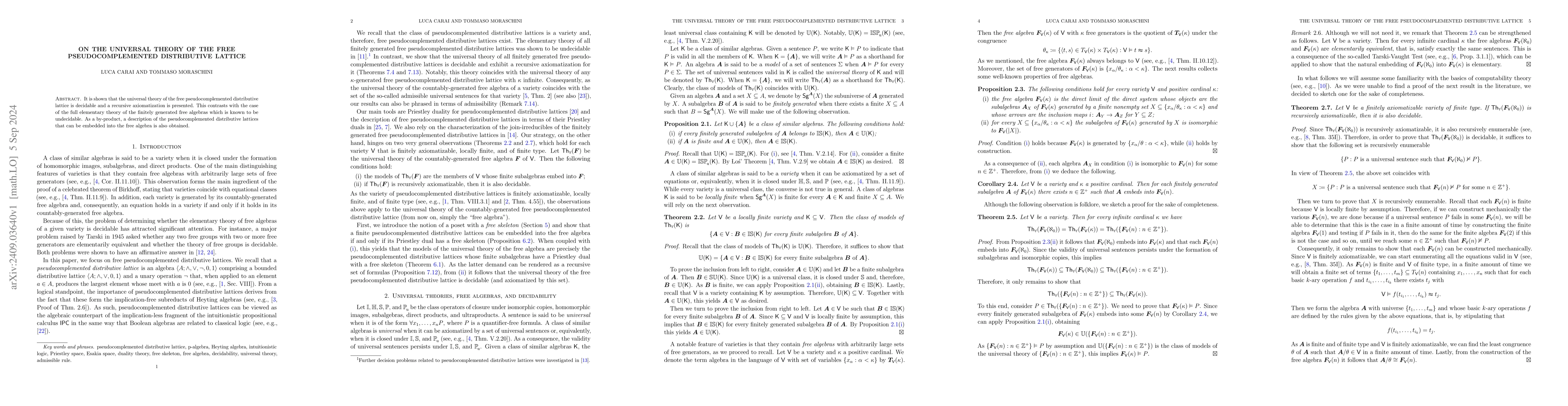 Thumbnail for On the universal theory of the free pseudocomplemented distributive
  lattice
