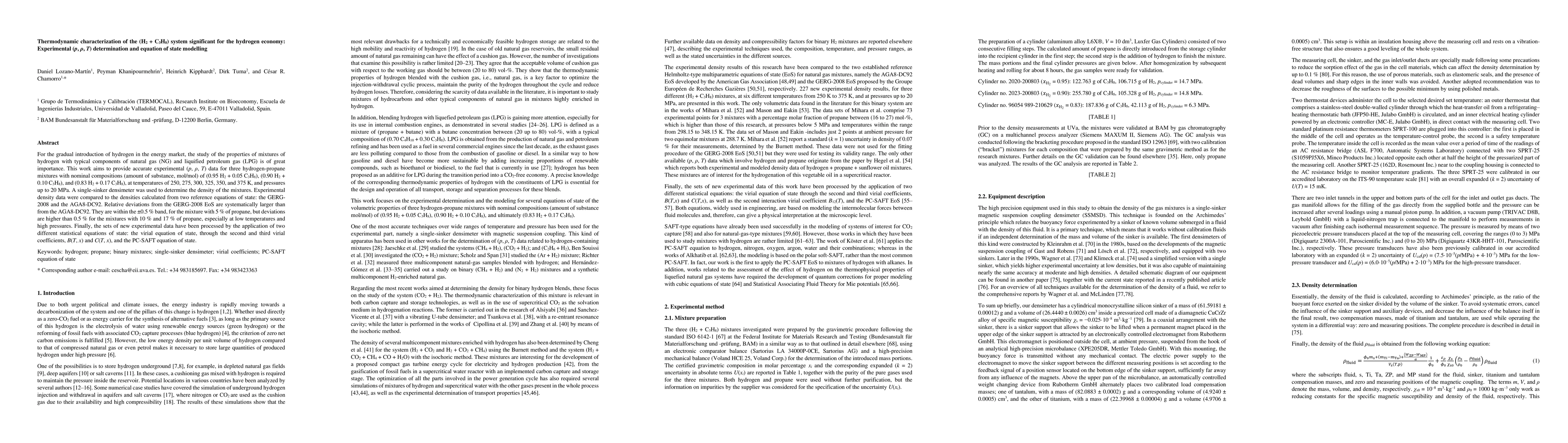 Thumbnail for Thermodynamic characterization of the ($H_{2}$ + $C_{3}H_{8}$) system
  significant for the hydrogen economy: Experimental ($p$, $ρ$, $T$)
  determination and equation-of-state modelling