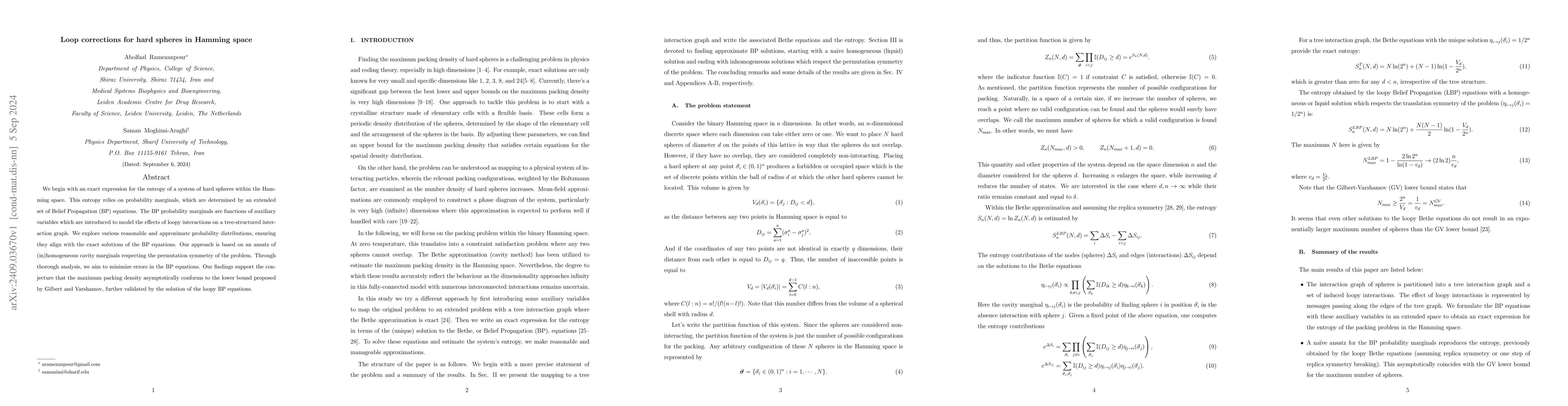 Thumbnail for Loop corrections for hard spheres in Hamming space