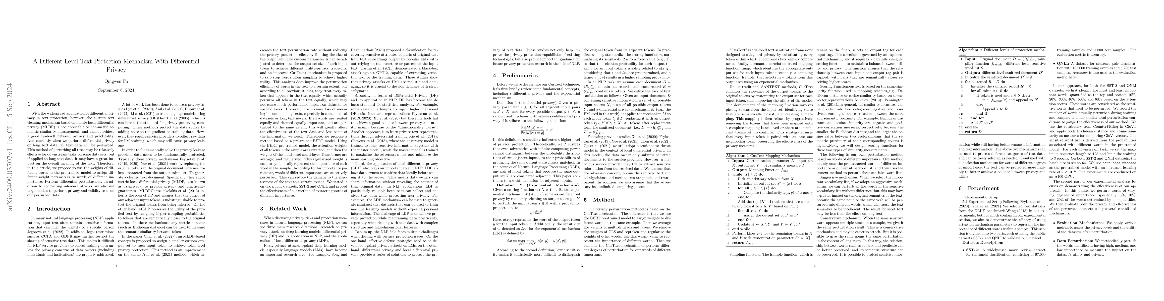 Thumbnail for A Different Level Text Protection Mechanism With Differential Privacy